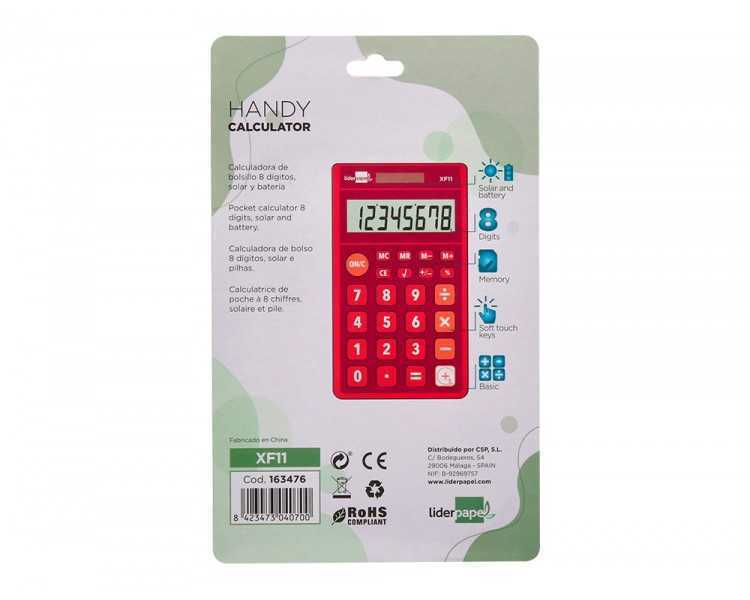 Calculadora liderpapel bolsillo xf11 8 digitos solar y pilas color rojo 115x65x8 mm