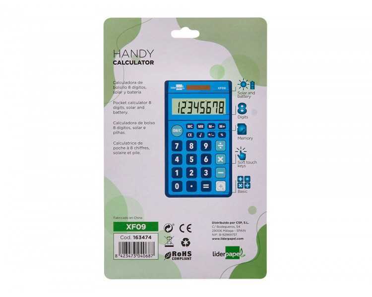 Calculadora liderpapel bolsillo xf09 8 digitos solar y pilas color azul 115x65x8 mm