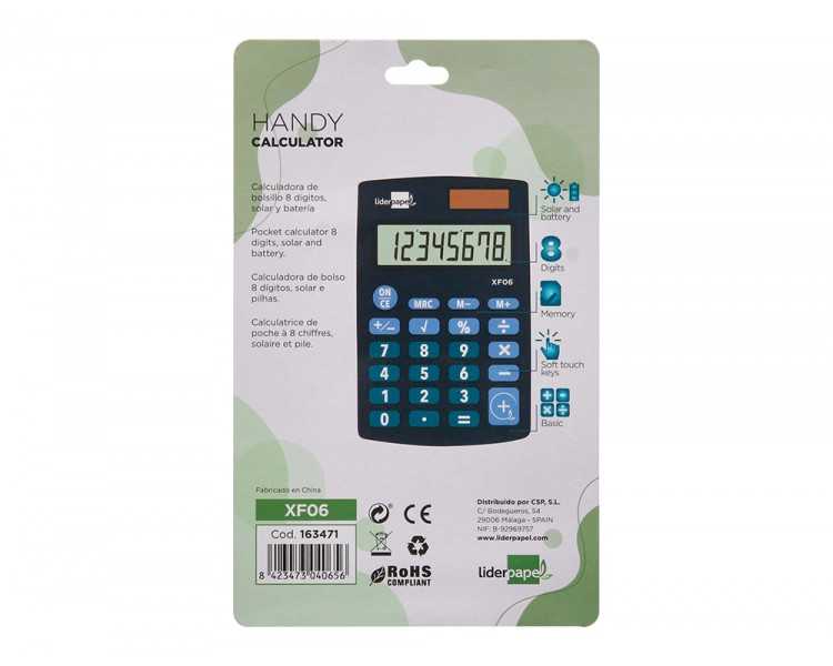 Calculadora liderpapel bolsillo xf06 8 digitos solar y pilas color azul 98x62x8 mm