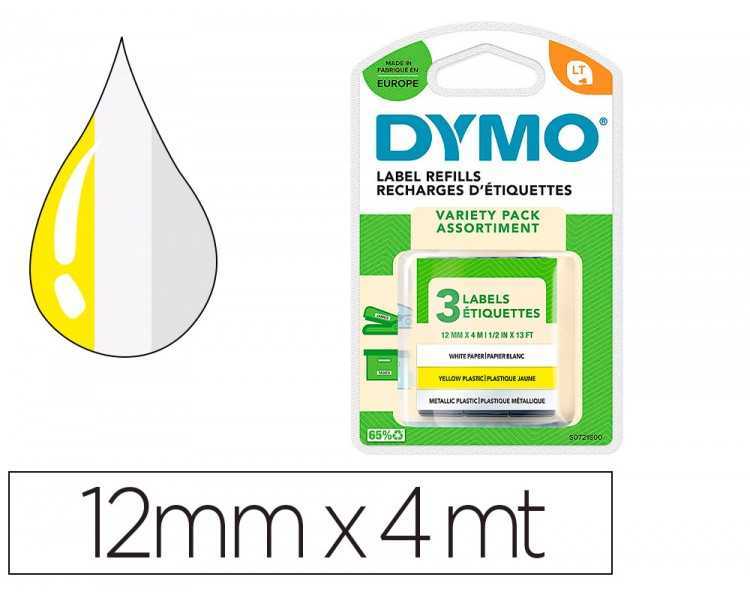Cinta dymo metalizada letratag 12mm x 4mt papel blanco / plastico amarillo / metalica plata pack de 3