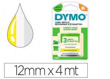 Cinta dymo metalizada letratag 12mm x 4mt papel blanco / plastico amarillo / metalica plata pack de 3