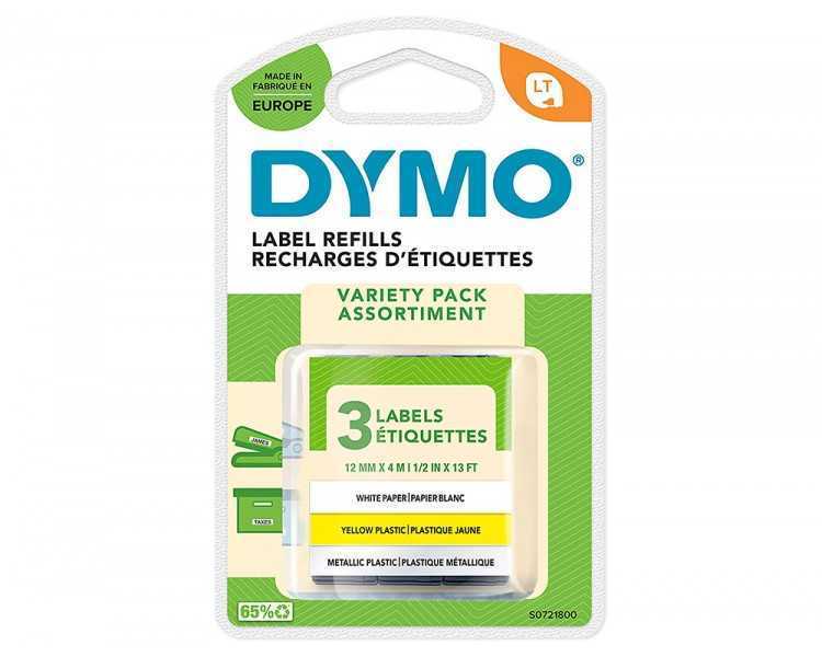 Cinta dymo metalizada letratag 12mm x 4mt papel blanco / plastico amarillo / metalica plata pack de 3