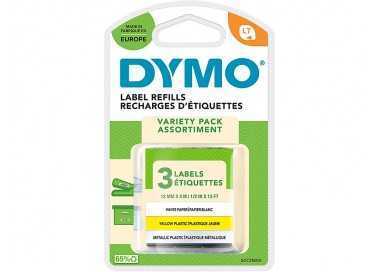 Cinta dymo metalizada letratag 12mm x 4mt papel blanco / plastico amarillo / metalica plata pack de 3