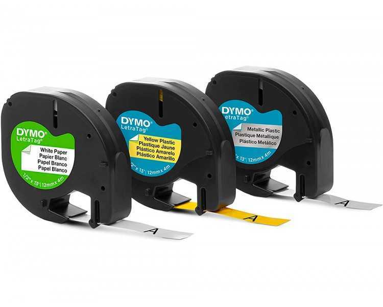 Cinta dymo metalizada letratag 12mm x 4mt papel blanco / plastico amarillo / metalica plata pack de 3