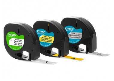 Cinta dymo metalizada letratag 12mm x 4mt papel blanco / plastico amarillo / metalica plata pack de 3