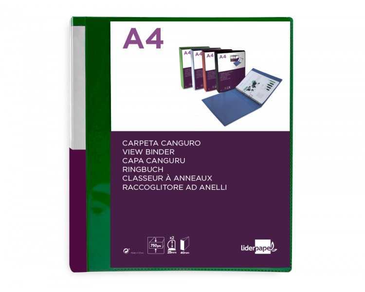 Carpeta liderpapel canguro 2 anillas 25 mm mixtas polipropileno din a4 verde translucido