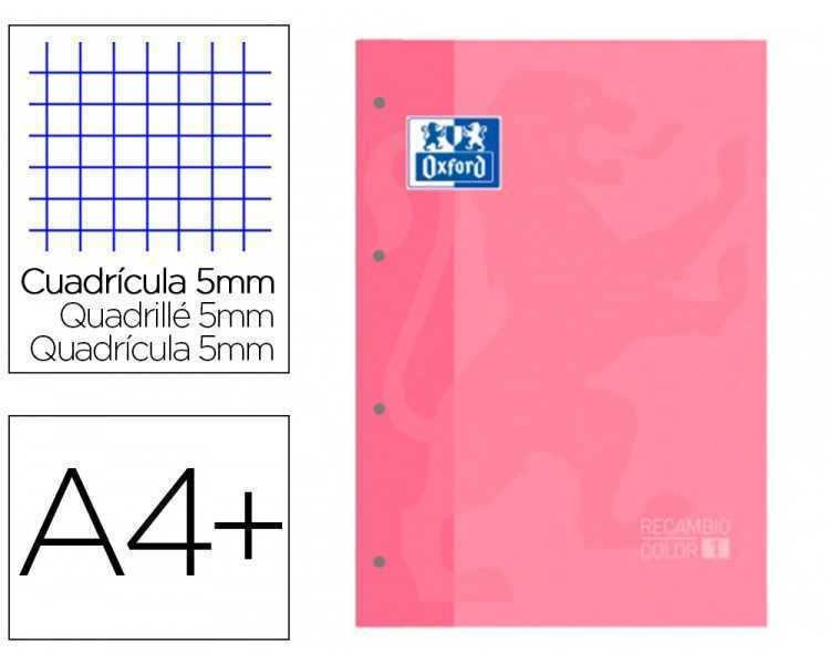 Recambio color 1 oxford din a4+ 80 hojas 90 gr cuadro 5 mm 4 taladros color rosa chicle