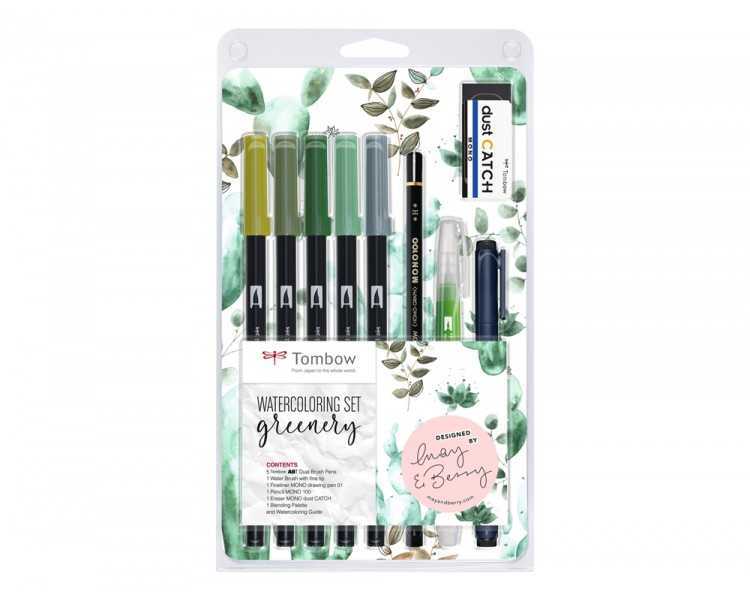 Set watercoloring tombow greenery 9 piezas