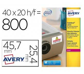 Etiqueta adhesiva avery poliester super adherente blanca 45,7x25,4 mm laser pack de 800 unidades