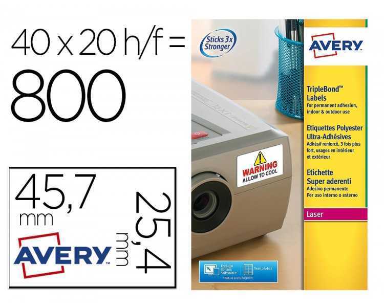 Etiqueta adhesiva avery poliester super adherente blanca 45,7x25,4 mm laser pack de 800 unidades