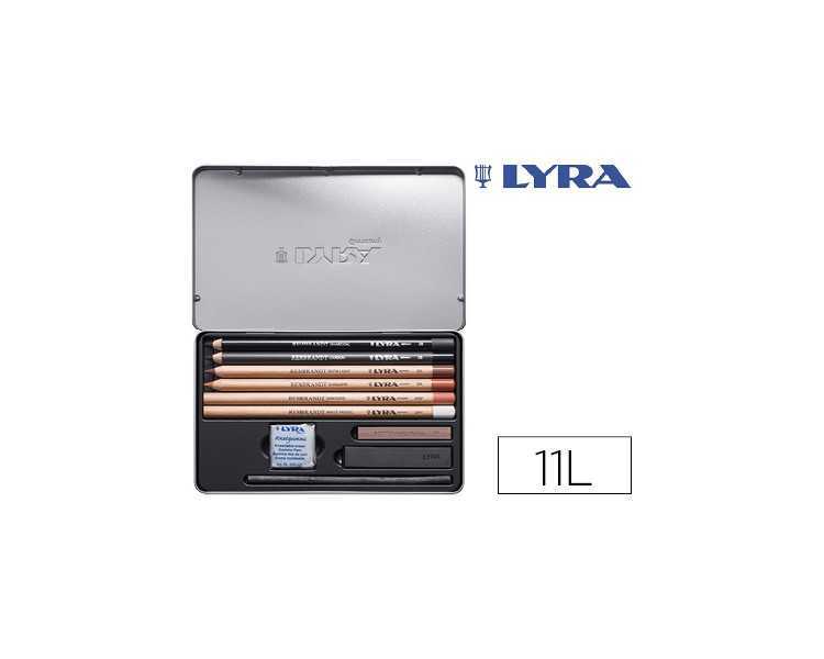 Lapices lyra rembrandt monocromo con accesorios para esbozos caja metalica de 11 unidades