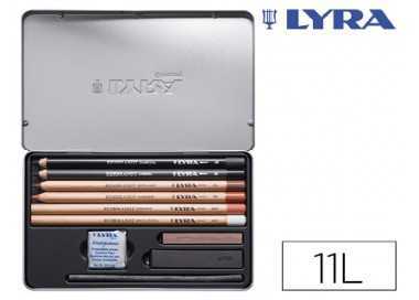 Lapices lyra rembrandt monocromo con accesorios para esbozos caja metalica de 11 unidades