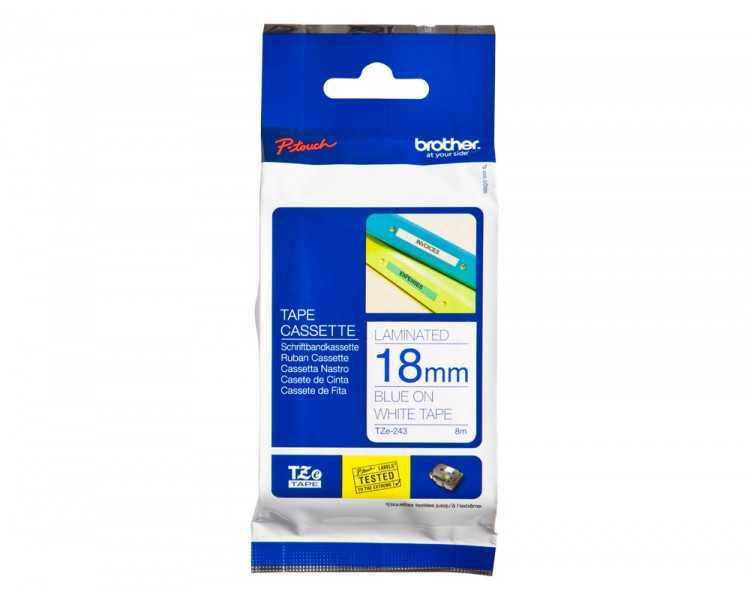 Cinta brother tze243 laminada azul-blanco 18 mm 8mts
