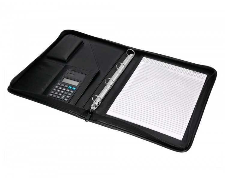 Carpeta portafolios q-connect cremallera 4 anillas 20 mm concalculadora con bolsa para movil color negro 260x355 mm