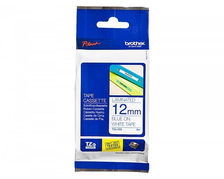 Cinta brother tze233 blanco-azul 12mm longitud 8 mt