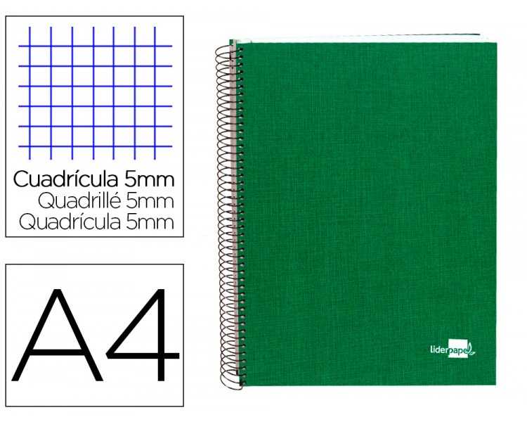 Cuaderno espiral liderpapel a4 micro papercoat tapa forrada 140h 75 gr cuadro5mm 5 bandas 4 taladros verde