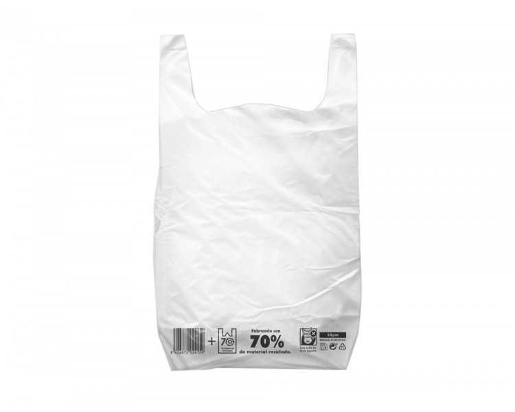 Bolsa camiseta reciclada 70% blanca 30x40 cm reutilizable 1 kg paquete de 90 unidades