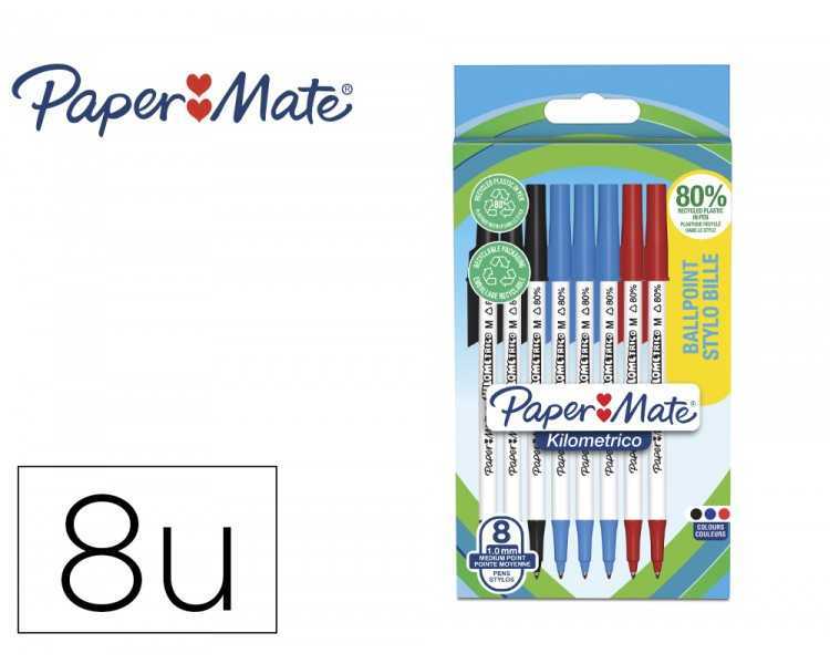 Boligrafo paper mate kilometrico punta 1 mm plastico reciclado 80% blister de 3 negros / 3