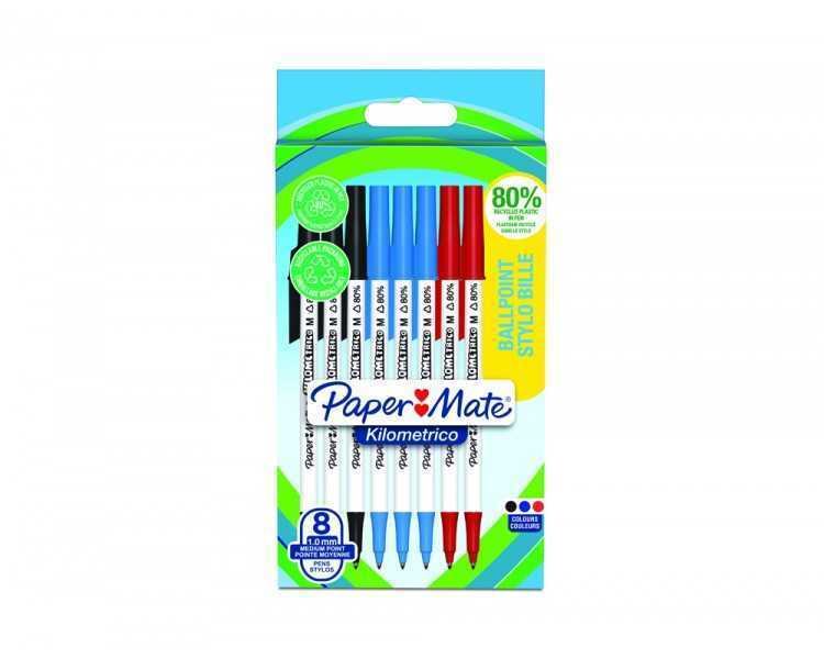Boligrafo paper mate kilometrico punta 1 mm plastico reciclado 80% blister de 3 negros / 3