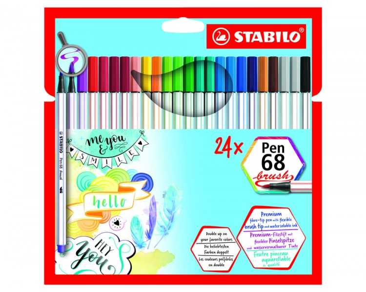 Rotulador stabilo acuarelable pen 68 brush punta pincel estuche de 24 unidades colores surtidos