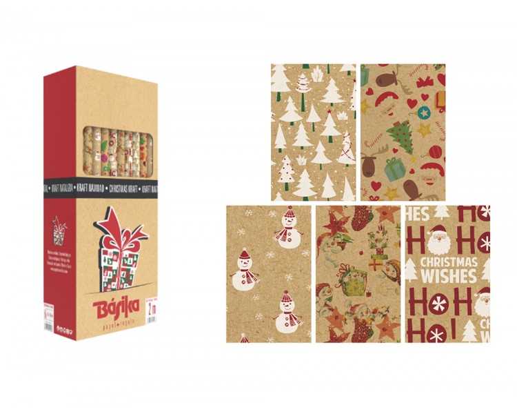 Papel de regalo basika kraft navidad rollo ancho 70 cm longitud 2 m diseños surtidos gramaje 50 gr
