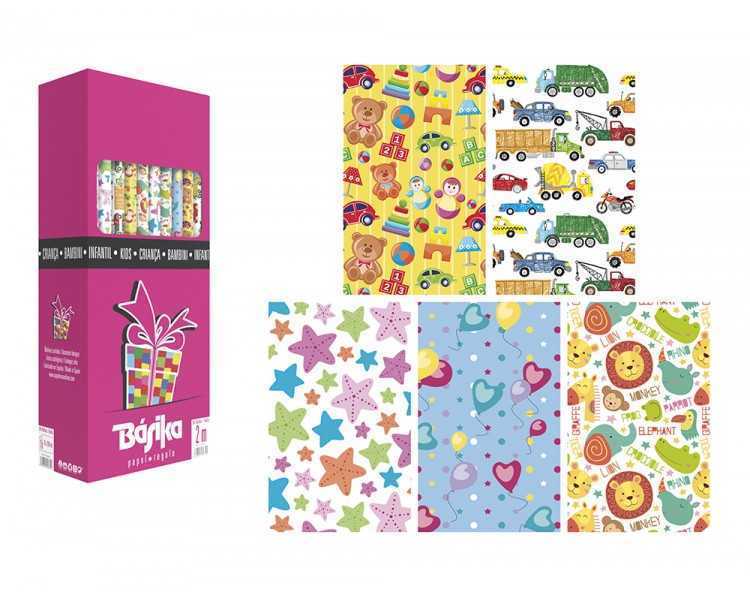 Papel de regalo basika infantil rollo ancho 70 cm longitud 2 m diseños surtidos gramaje 60 gr