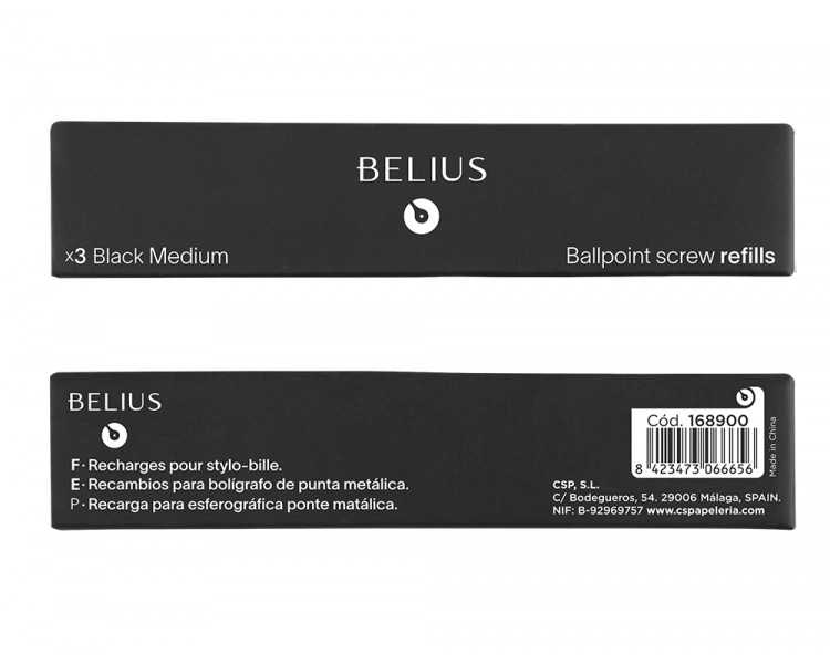 Recambio boligrafo belius negro 0,8 mm caja 3 unidades