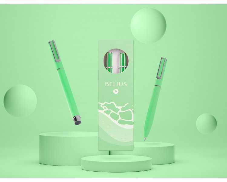 Juego boligrafo y roller belius endless summer aluminio color verde y plateado tinta azul caja de diseño