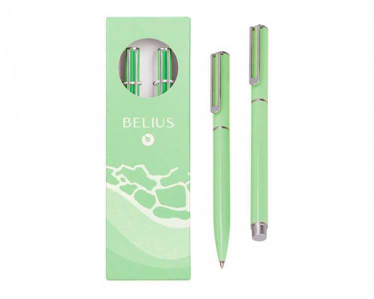 Juego boligrafo y roller belius endless summer aluminio color verde y plateado tinta azul caja de diseño