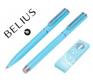Juego boligrafo y roller belius endless summer aluminio color celeste y plateado tinta azul caja de diseño