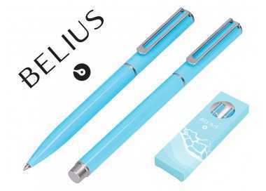 Juego boligrafo y roller belius endless summer aluminio color celeste y plateado tinta azul caja de diseño