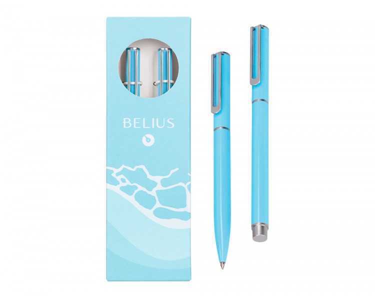 Juego boligrafo y roller belius endless summer aluminio color celeste y plateado tinta azul caja de diseño
