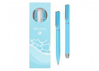 Juego boligrafo y roller belius endless summer aluminio color celeste y plateado tinta azul caja de diseño