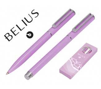 Juego boligrafo y roller belius endless summer aluminio color morado y plateado tinta azul caja de diseño