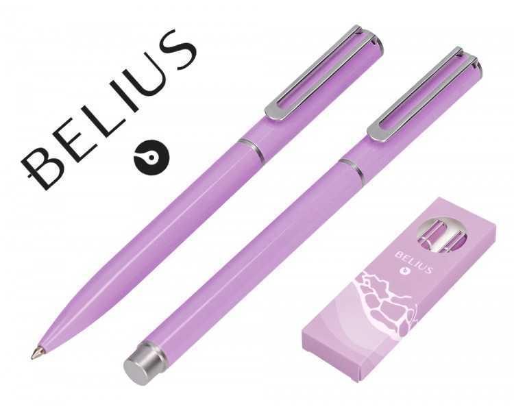 Juego boligrafo y roller belius endless summer aluminio color morado y plateado tinta azul caja de diseño