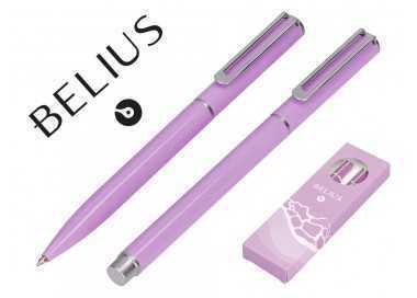 Juego boligrafo y roller belius endless summer aluminio color morado y plateado tinta azul caja de diseño