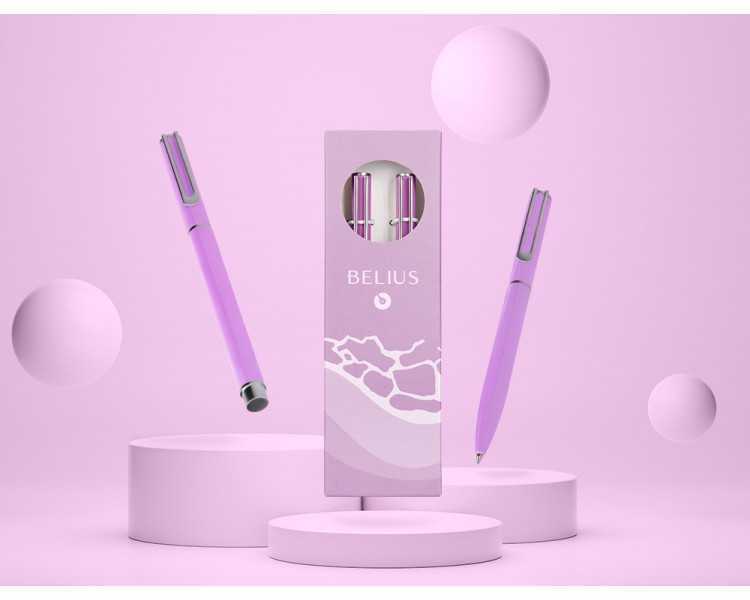 Juego boligrafo y roller belius endless summer aluminio color morado y plateado tinta azul caja de diseño