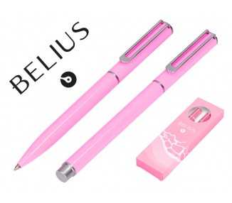 Juego boligrafo y roller belius endless summer aluminio color rosa y plateado tinta azul caja de diseño