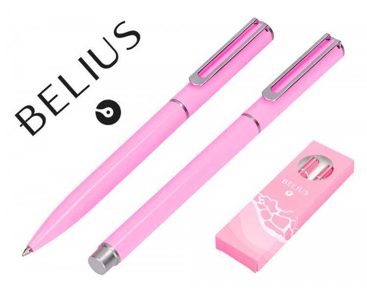 Juego boligrafo y roller belius endless summer aluminio color rosa y plateado tinta azul caja de diseño