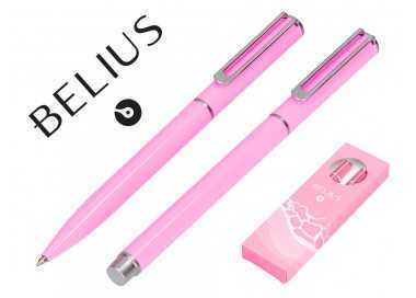 Juego boligrafo y roller belius endless summer aluminio color rosa y plateado tinta azul caja de diseño