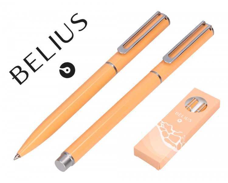 Juego boligrafo y roller belius endless summer aluminio color naranja y plateado tinta azul caja de diseño