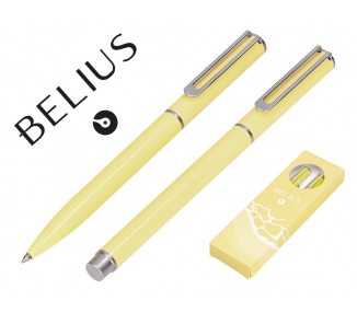 Juego boligrafo y roller belius endless summer aluminio color amarillo y plateado tinta azul caja de diseño