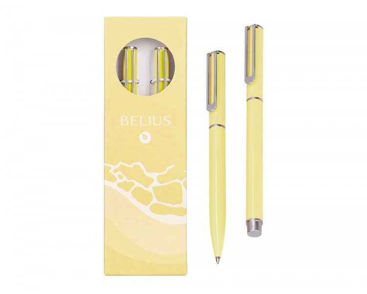 Juego boligrafo y roller belius endless summer aluminio color amarillo y plateado tinta azul caja de diseño