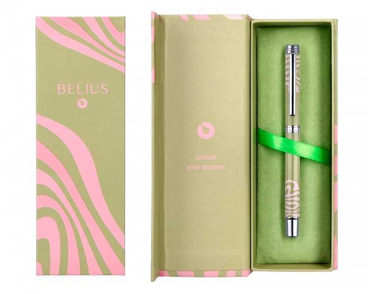 Roller belius ink dreams aluminio color verde matcha y rosa plateado frase interior tinta negra caja de diseño