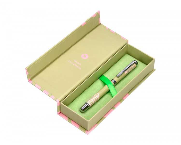 Roller belius ink dreams aluminio color verde matcha y rosa plateado frase interior tinta negra caja de diseño
