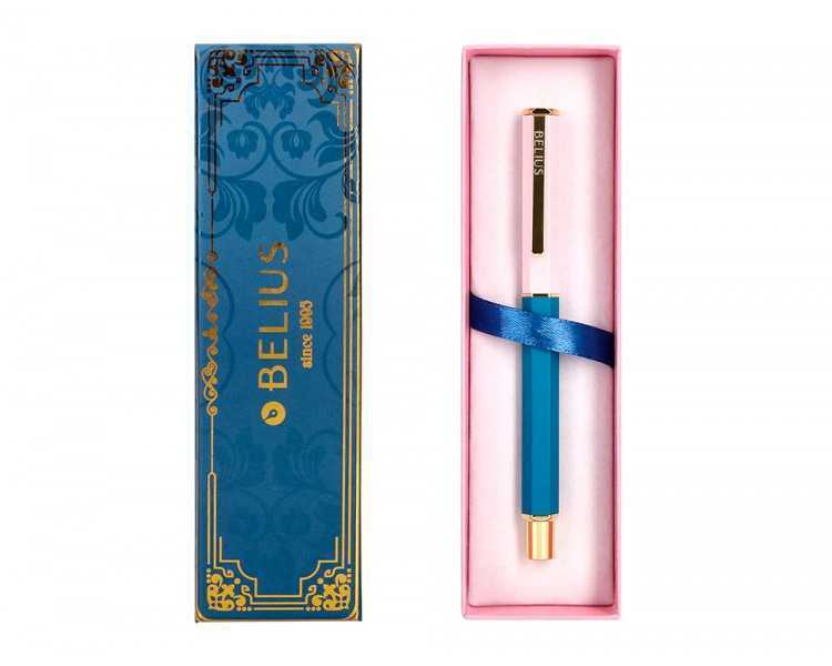 Boligrafo belius macaron bliss forma hexagonal color rosa/ azul y dorado tinta azul caja de diseño