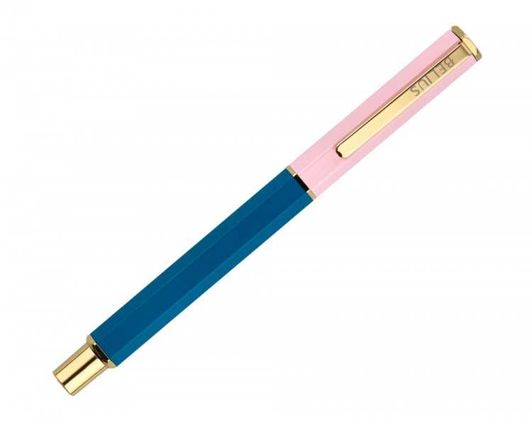 Boligrafo belius macaron bliss forma hexagonal color rosa/ azul y dorado tinta azul caja de diseño