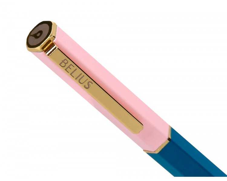Boligrafo belius macaron bliss forma hexagonal color rosa/ azul y dorado tinta azul caja de diseño