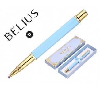Boligrafo belius macaron bliss forma hexagonal color celeste y dorado tinta azul caja de diseño