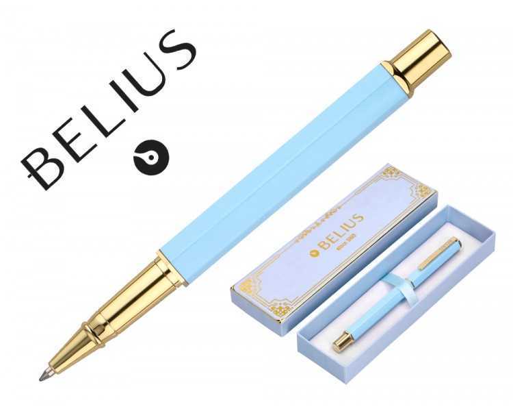 Boligrafo belius macaron bliss forma hexagonal color celeste y dorado tinta azul caja de diseño